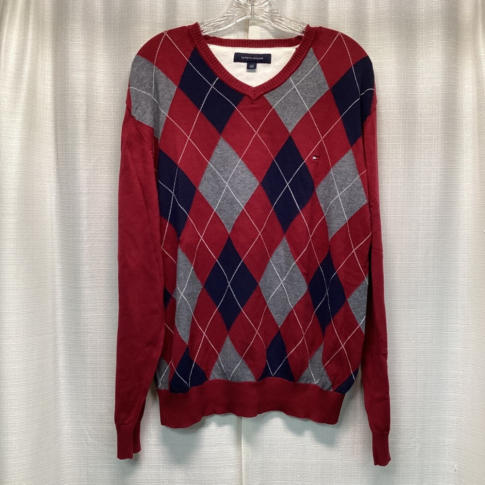 Tommy Hilfiger Mens L Argyle V-Neck Sweater Red Navy Cotton Festive Preppy 2009